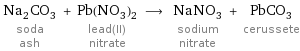 Na_2CO_3 soda ash + Pb(NO_3)_2 lead(II) nitrate ⟶ NaNO_3 sodium nitrate + PbCO_3 cerussete