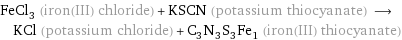 FeCl_3 (iron(III) chloride) + KSCN (potassium thiocyanate) ⟶ KCl (potassium chloride) + C_3N_3S_3Fe_1 (iron(III) thiocyanate)