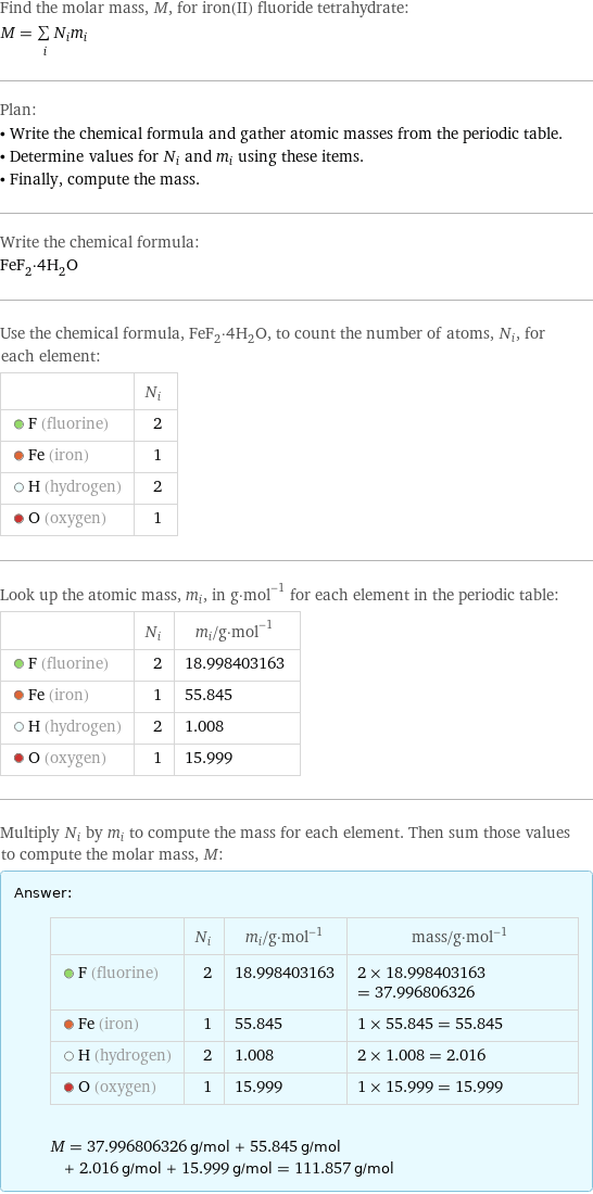 Find the molar mass, M, for iron(II) fluoride tetrahydrate: M = sum _iN_im_i Plan: • Write the chemical formula and gather atomic masses from the periodic table. • Determine values for N_i and m_i using these items. • Finally, compute the mass. Write the chemical formula: FeF_2·4H_2O Use the chemical formula, FeF_2·4H_2O, to count the number of atoms, N_i, for each element:  | N_i  F (fluorine) | 2  Fe (iron) | 1  H (hydrogen) | 2  O (oxygen) | 1 Look up the atomic mass, m_i, in g·mol^(-1) for each element in the periodic table:  | N_i | m_i/g·mol^(-1)  F (fluorine) | 2 | 18.998403163  Fe (iron) | 1 | 55.845  H (hydrogen) | 2 | 1.008  O (oxygen) | 1 | 15.999 Multiply N_i by m_i to compute the mass for each element. Then sum those values to compute the molar mass, M: Answer: |   | | N_i | m_i/g·mol^(-1) | mass/g·mol^(-1)  F (fluorine) | 2 | 18.998403163 | 2 × 18.998403163 = 37.996806326  Fe (iron) | 1 | 55.845 | 1 × 55.845 = 55.845  H (hydrogen) | 2 | 1.008 | 2 × 1.008 = 2.016  O (oxygen) | 1 | 15.999 | 1 × 15.999 = 15.999  M = 37.996806326 g/mol + 55.845 g/mol + 2.016 g/mol + 15.999 g/mol = 111.857 g/mol