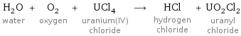 H_2O water + O_2 oxygen + UCl_4 uranium(IV) chloride ⟶ HCl hydrogen chloride + UO_2Cl_2 uranyl chloride