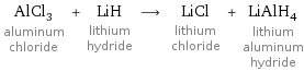 AlCl_3 aluminum chloride + LiH lithium hydride ⟶ LiCl lithium chloride + LiAlH_4 lithium aluminum hydride