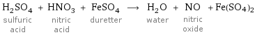 H_2SO_4 sulfuric acid + HNO_3 nitric acid + FeSO_4 duretter ⟶ H_2O water + NO nitric oxide + Fe(SO4)2