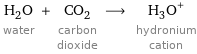 H_2O water + CO_2 carbon dioxide ⟶ (H_3O)^+ hydronium cation