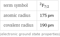 term symbol | ^2F_(7/2) atomic radius | 175 pm covalent radius | 190 pm (electronic ground state properties)