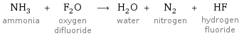 NH_3 ammonia + F_2O oxygen difluoride ⟶ H_2O water + N_2 nitrogen + HF hydrogen fluoride