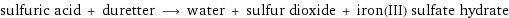 sulfuric acid + duretter ⟶ water + sulfur dioxide + iron(III) sulfate hydrate