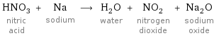 HNO_3 nitric acid + Na sodium ⟶ H_2O water + NO_2 nitrogen dioxide + Na_2O sodium oxide