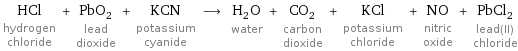 HCl hydrogen chloride + PbO_2 lead dioxide + KCN potassium cyanide ⟶ H_2O water + CO_2 carbon dioxide + KCl potassium chloride + NO nitric oxide + PbCl_2 lead(II) chloride