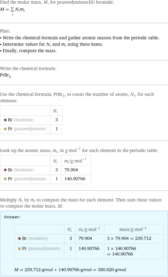 Find the molar mass, M, for praseodymium(III) bromide: M = sum _iN_im_i Plan: • Write the chemical formula and gather atomic masses from the periodic table. • Determine values for N_i and m_i using these items. • Finally, compute the mass. Write the chemical formula: PrBr_3 Use the chemical formula, PrBr_3, to count the number of atoms, N_i, for each element:  | N_i  Br (bromine) | 3  Pr (praseodymium) | 1 Look up the atomic mass, m_i, in g·mol^(-1) for each element in the periodic table:  | N_i | m_i/g·mol^(-1)  Br (bromine) | 3 | 79.904  Pr (praseodymium) | 1 | 140.90766 Multiply N_i by m_i to compute the mass for each element. Then sum those values to compute the molar mass, M: Answer: |   | | N_i | m_i/g·mol^(-1) | mass/g·mol^(-1)  Br (bromine) | 3 | 79.904 | 3 × 79.904 = 239.712  Pr (praseodymium) | 1 | 140.90766 | 1 × 140.90766 = 140.90766  M = 239.712 g/mol + 140.90766 g/mol = 380.620 g/mol