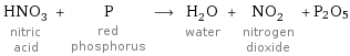 HNO_3 nitric acid + P red phosphorus ⟶ H_2O water + NO_2 nitrogen dioxide + P2O5