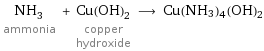 NH_3 ammonia + Cu(OH)_2 copper hydroxide ⟶ Cu(NH3)4(OH)2