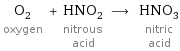 O_2 oxygen + HNO_2 nitrous acid ⟶ HNO_3 nitric acid