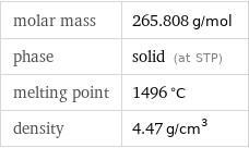 molar mass | 265.808 g/mol phase | solid (at STP) melting point | 1496 °C density | 4.47 g/cm^3