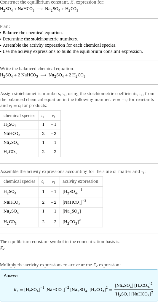 Construct the equilibrium constant, K, expression for: H_2SO_4 + NaHCO_3 ⟶ Na_2SO_4 + H_2CO_3 Plan: • Balance the chemical equation. • Determine the stoichiometric numbers. • Assemble the activity expression for each chemical species. • Use the activity expressions to build the equilibrium constant expression. Write the balanced chemical equation: H_2SO_4 + 2 NaHCO_3 ⟶ Na_2SO_4 + 2 H_2CO_3 Assign stoichiometric numbers, ν_i, using the stoichiometric coefficients, c_i, from the balanced chemical equation in the following manner: ν_i = -c_i for reactants and ν_i = c_i for products: chemical species | c_i | ν_i H_2SO_4 | 1 | -1 NaHCO_3 | 2 | -2 Na_2SO_4 | 1 | 1 H_2CO_3 | 2 | 2 Assemble the activity expressions accounting for the state of matter and ν_i: chemical species | c_i | ν_i | activity expression H_2SO_4 | 1 | -1 | ([H2SO4])^(-1) NaHCO_3 | 2 | -2 | ([NaHCO3])^(-2) Na_2SO_4 | 1 | 1 | [Na2SO4] H_2CO_3 | 2 | 2 | ([H2CO3])^2 The equilibrium constant symbol in the concentration basis is: K_c Mulitply the activity expressions to arrive at the K_c expression: Answer: |   | K_c = ([H2SO4])^(-1) ([NaHCO3])^(-2) [Na2SO4] ([H2CO3])^2 = ([Na2SO4] ([H2CO3])^2)/([H2SO4] ([NaHCO3])^2)