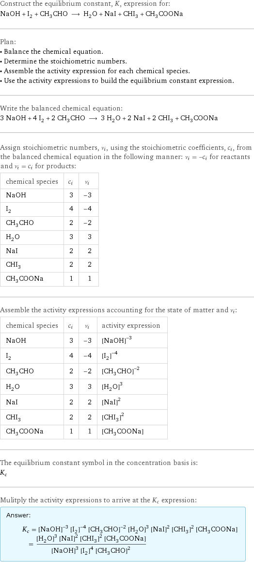 Construct the equilibrium constant, K, expression for: NaOH + I_2 + CH_3CHO ⟶ H_2O + NaI + CHI_3 + CH_3COONa Plan: • Balance the chemical equation. • Determine the stoichiometric numbers. • Assemble the activity expression for each chemical species. • Use the activity expressions to build the equilibrium constant expression. Write the balanced chemical equation: 3 NaOH + 4 I_2 + 2 CH_3CHO ⟶ 3 H_2O + 2 NaI + 2 CHI_3 + CH_3COONa Assign stoichiometric numbers, ν_i, using the stoichiometric coefficients, c_i, from the balanced chemical equation in the following manner: ν_i = -c_i for reactants and ν_i = c_i for products: chemical species | c_i | ν_i NaOH | 3 | -3 I_2 | 4 | -4 CH_3CHO | 2 | -2 H_2O | 3 | 3 NaI | 2 | 2 CHI_3 | 2 | 2 CH_3COONa | 1 | 1 Assemble the activity expressions accounting for the state of matter and ν_i: chemical species | c_i | ν_i | activity expression NaOH | 3 | -3 | ([NaOH])^(-3) I_2 | 4 | -4 | ([I2])^(-4) CH_3CHO | 2 | -2 | ([CH3CHO])^(-2) H_2O | 3 | 3 | ([H2O])^3 NaI | 2 | 2 | ([NaI])^2 CHI_3 | 2 | 2 | ([CHI3])^2 CH_3COONa | 1 | 1 | [CH3COONa] The equilibrium constant symbol in the concentration basis is: K_c Mulitply the activity expressions to arrive at the K_c expression: Answer: |   | K_c = ([NaOH])^(-3) ([I2])^(-4) ([CH3CHO])^(-2) ([H2O])^3 ([NaI])^2 ([CHI3])^2 [CH3COONa] = (([H2O])^3 ([NaI])^2 ([CHI3])^2 [CH3COONa])/(([NaOH])^3 ([I2])^4 ([CH3CHO])^2)