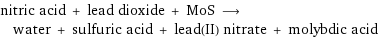 nitric acid + lead dioxide + MoS ⟶ water + sulfuric acid + lead(II) nitrate + molybdic acid