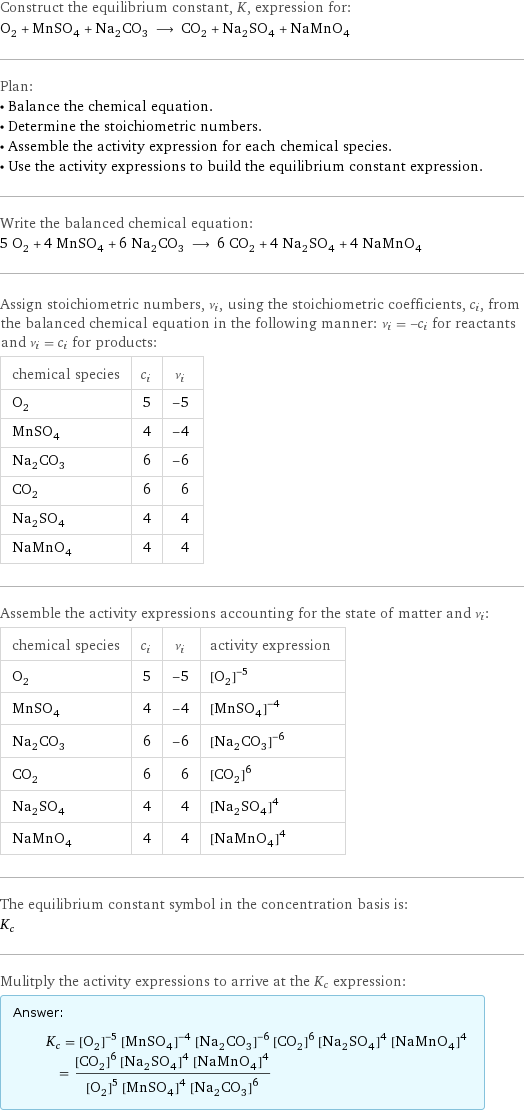Construct the equilibrium constant, K, expression for: O_2 + MnSO_4 + Na_2CO_3 ⟶ CO_2 + Na_2SO_4 + NaMnO_4 Plan: • Balance the chemical equation. • Determine the stoichiometric numbers. • Assemble the activity expression for each chemical species. • Use the activity expressions to build the equilibrium constant expression. Write the balanced chemical equation: 5 O_2 + 4 MnSO_4 + 6 Na_2CO_3 ⟶ 6 CO_2 + 4 Na_2SO_4 + 4 NaMnO_4 Assign stoichiometric numbers, ν_i, using the stoichiometric coefficients, c_i, from the balanced chemical equation in the following manner: ν_i = -c_i for reactants and ν_i = c_i for products: chemical species | c_i | ν_i O_2 | 5 | -5 MnSO_4 | 4 | -4 Na_2CO_3 | 6 | -6 CO_2 | 6 | 6 Na_2SO_4 | 4 | 4 NaMnO_4 | 4 | 4 Assemble the activity expressions accounting for the state of matter and ν_i: chemical species | c_i | ν_i | activity expression O_2 | 5 | -5 | ([O2])^(-5) MnSO_4 | 4 | -4 | ([MnSO4])^(-4) Na_2CO_3 | 6 | -6 | ([Na2CO3])^(-6) CO_2 | 6 | 6 | ([CO2])^6 Na_2SO_4 | 4 | 4 | ([Na2SO4])^4 NaMnO_4 | 4 | 4 | ([NaMnO4])^4 The equilibrium constant symbol in the concentration basis is: K_c Mulitply the activity expressions to arrive at the K_c expression: Answer: |   | K_c = ([O2])^(-5) ([MnSO4])^(-4) ([Na2CO3])^(-6) ([CO2])^6 ([Na2SO4])^4 ([NaMnO4])^4 = (([CO2])^6 ([Na2SO4])^4 ([NaMnO4])^4)/(([O2])^5 ([MnSO4])^4 ([Na2CO3])^6)