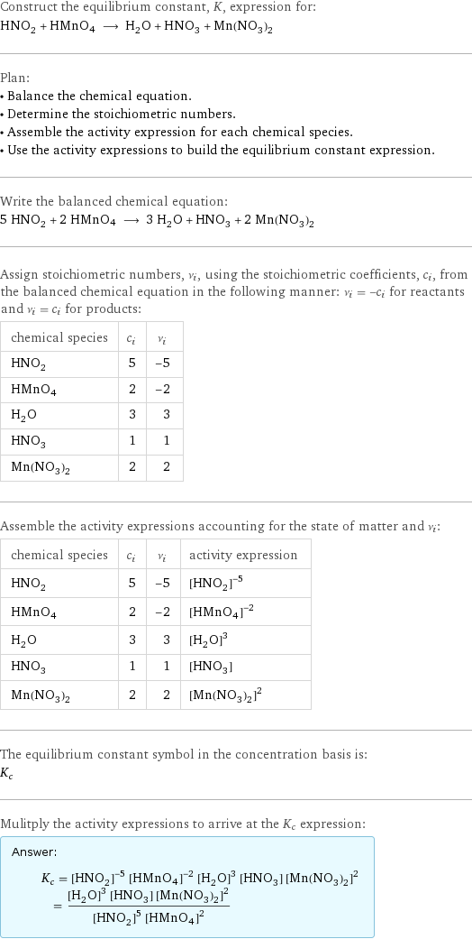 Construct the equilibrium constant, K, expression for: HNO_2 + HMnO4 ⟶ H_2O + HNO_3 + Mn(NO_3)_2 Plan: • Balance the chemical equation. • Determine the stoichiometric numbers. • Assemble the activity expression for each chemical species. • Use the activity expressions to build the equilibrium constant expression. Write the balanced chemical equation: 5 HNO_2 + 2 HMnO4 ⟶ 3 H_2O + HNO_3 + 2 Mn(NO_3)_2 Assign stoichiometric numbers, ν_i, using the stoichiometric coefficients, c_i, from the balanced chemical equation in the following manner: ν_i = -c_i for reactants and ν_i = c_i for products: chemical species | c_i | ν_i HNO_2 | 5 | -5 HMnO4 | 2 | -2 H_2O | 3 | 3 HNO_3 | 1 | 1 Mn(NO_3)_2 | 2 | 2 Assemble the activity expressions accounting for the state of matter and ν_i: chemical species | c_i | ν_i | activity expression HNO_2 | 5 | -5 | ([HNO2])^(-5) HMnO4 | 2 | -2 | ([HMnO4])^(-2) H_2O | 3 | 3 | ([H2O])^3 HNO_3 | 1 | 1 | [HNO3] Mn(NO_3)_2 | 2 | 2 | ([Mn(NO3)2])^2 The equilibrium constant symbol in the concentration basis is: K_c Mulitply the activity expressions to arrive at the K_c expression: Answer: |   | K_c = ([HNO2])^(-5) ([HMnO4])^(-2) ([H2O])^3 [HNO3] ([Mn(NO3)2])^2 = (([H2O])^3 [HNO3] ([Mn(NO3)2])^2)/(([HNO2])^5 ([HMnO4])^2)