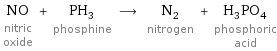 NO nitric oxide + PH_3 phosphine ⟶ N_2 nitrogen + H_3PO_4 phosphoric acid