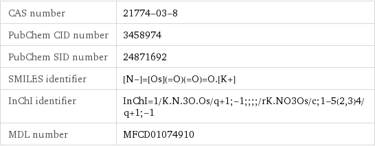 CAS number | 21774-03-8 PubChem CID number | 3458974 PubChem SID number | 24871692 SMILES identifier | [N-]=[Os](=O)(=O)=O.[K+] InChI identifier | InChI=1/K.N.3O.Os/q+1;-1;;;;/rK.NO3Os/c;1-5(2, 3)4/q+1;-1 MDL number | MFCD01074910