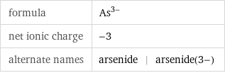 formula | As^(3-) net ionic charge | -3 alternate names | arsenide | arsenide(3-)