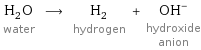 H_2O water ⟶ H_2 hydrogen + (OH)^- hydroxide anion