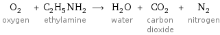 O_2 oxygen + C_2H_5NH_2 ethylamine ⟶ H_2O water + CO_2 carbon dioxide + N_2 nitrogen