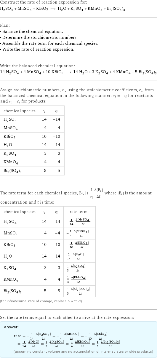 Construct the rate of reaction expression for: H_2SO_4 + MnSO_4 + KBiO3 ⟶ H_2O + K_2SO_4 + KMnO_4 + Bi_2(SO_4)_3 Plan: • Balance the chemical equation. • Determine the stoichiometric numbers. • Assemble the rate term for each chemical species. • Write the rate of reaction expression. Write the balanced chemical equation: 14 H_2SO_4 + 4 MnSO_4 + 10 KBiO3 ⟶ 14 H_2O + 3 K_2SO_4 + 4 KMnO_4 + 5 Bi_2(SO_4)_3 Assign stoichiometric numbers, ν_i, using the stoichiometric coefficients, c_i, from the balanced chemical equation in the following manner: ν_i = -c_i for reactants and ν_i = c_i for products: chemical species | c_i | ν_i H_2SO_4 | 14 | -14 MnSO_4 | 4 | -4 KBiO3 | 10 | -10 H_2O | 14 | 14 K_2SO_4 | 3 | 3 KMnO_4 | 4 | 4 Bi_2(SO_4)_3 | 5 | 5 The rate term for each chemical species, B_i, is 1/ν_i(Δ[B_i])/(Δt) where [B_i] is the amount concentration and t is time: chemical species | c_i | ν_i | rate term H_2SO_4 | 14 | -14 | -1/14 (Δ[H2SO4])/(Δt) MnSO_4 | 4 | -4 | -1/4 (Δ[MnSO4])/(Δt) KBiO3 | 10 | -10 | -1/10 (Δ[KBiO3])/(Δt) H_2O | 14 | 14 | 1/14 (Δ[H2O])/(Δt) K_2SO_4 | 3 | 3 | 1/3 (Δ[K2SO4])/(Δt) KMnO_4 | 4 | 4 | 1/4 (Δ[KMnO4])/(Δt) Bi_2(SO_4)_3 | 5 | 5 | 1/5 (Δ[Bi2(SO4)3])/(Δt) (for infinitesimal rate of change, replace Δ with d) Set the rate terms equal to each other to arrive at the rate expression: Answer: |   | rate = -1/14 (Δ[H2SO4])/(Δt) = -1/4 (Δ[MnSO4])/(Δt) = -1/10 (Δ[KBiO3])/(Δt) = 1/14 (Δ[H2O])/(Δt) = 1/3 (Δ[K2SO4])/(Δt) = 1/4 (Δ[KMnO4])/(Δt) = 1/5 (Δ[Bi2(SO4)3])/(Δt) (assuming constant volume and no accumulation of intermediates or side products)