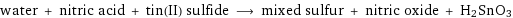 water + nitric acid + tin(II) sulfide ⟶ mixed sulfur + nitric oxide + H2SnO3