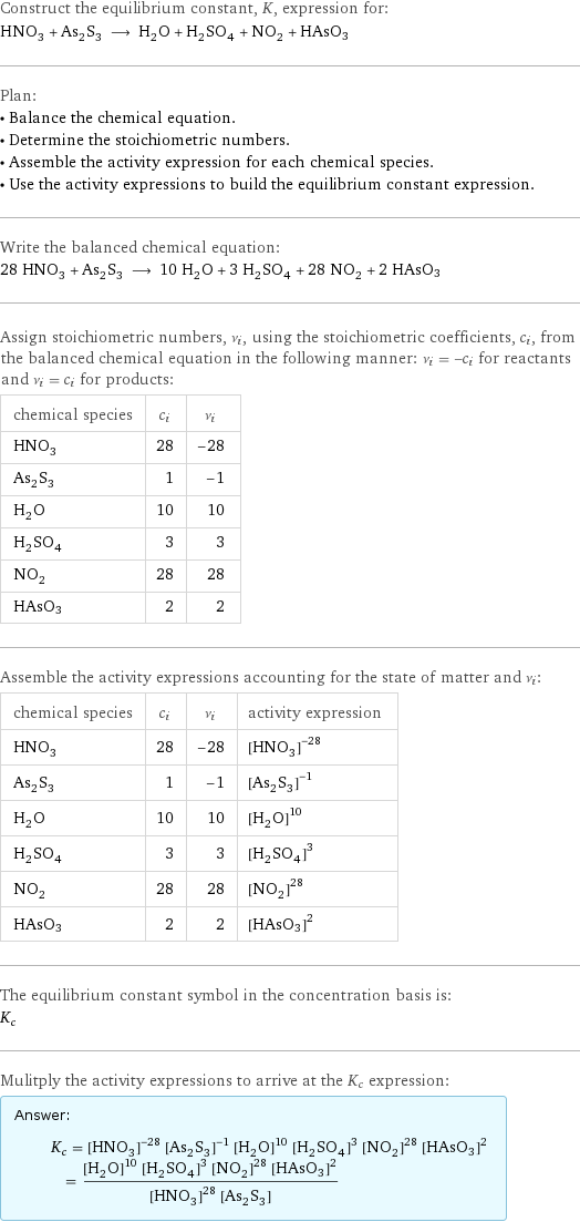 Construct the equilibrium constant, K, expression for: HNO_3 + As_2S_3 ⟶ H_2O + H_2SO_4 + NO_2 + HAsO3 Plan: • Balance the chemical equation. • Determine the stoichiometric numbers. • Assemble the activity expression for each chemical species. • Use the activity expressions to build the equilibrium constant expression. Write the balanced chemical equation: 28 HNO_3 + As_2S_3 ⟶ 10 H_2O + 3 H_2SO_4 + 28 NO_2 + 2 HAsO3 Assign stoichiometric numbers, ν_i, using the stoichiometric coefficients, c_i, from the balanced chemical equation in the following manner: ν_i = -c_i for reactants and ν_i = c_i for products: chemical species | c_i | ν_i HNO_3 | 28 | -28 As_2S_3 | 1 | -1 H_2O | 10 | 10 H_2SO_4 | 3 | 3 NO_2 | 28 | 28 HAsO3 | 2 | 2 Assemble the activity expressions accounting for the state of matter and ν_i: chemical species | c_i | ν_i | activity expression HNO_3 | 28 | -28 | ([HNO3])^(-28) As_2S_3 | 1 | -1 | ([As2S3])^(-1) H_2O | 10 | 10 | ([H2O])^10 H_2SO_4 | 3 | 3 | ([H2SO4])^3 NO_2 | 28 | 28 | ([NO2])^28 HAsO3 | 2 | 2 | ([HAsO3])^2 The equilibrium constant symbol in the concentration basis is: K_c Mulitply the activity expressions to arrive at the K_c expression: Answer: |   | K_c = ([HNO3])^(-28) ([As2S3])^(-1) ([H2O])^10 ([H2SO4])^3 ([NO2])^28 ([HAsO3])^2 = (([H2O])^10 ([H2SO4])^3 ([NO2])^28 ([HAsO3])^2)/(([HNO3])^28 [As2S3])
