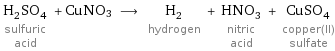 H_2SO_4 sulfuric acid + CuNO3 ⟶ H_2 hydrogen + HNO_3 nitric acid + CuSO_4 copper(II) sulfate