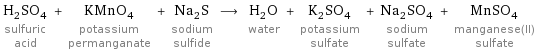 H_2SO_4 sulfuric acid + KMnO_4 potassium permanganate + Na_2S sodium sulfide ⟶ H_2O water + K_2SO_4 potassium sulfate + Na_2SO_4 sodium sulfate + MnSO_4 manganese(II) sulfate