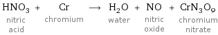 HNO_3 nitric acid + Cr chromium ⟶ H_2O water + NO nitric oxide + CrN_3O_9 chromium nitrate