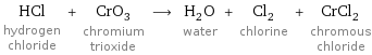 HCl hydrogen chloride + CrO_3 chromium trioxide ⟶ H_2O water + Cl_2 chlorine + CrCl_2 chromous chloride