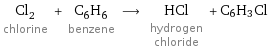 Cl_2 chlorine + C_6H_6 benzene ⟶ HCl hydrogen chloride + C6H3Cl