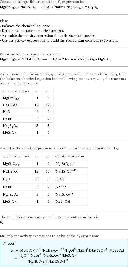 Construct the equilibrium constant, K, expression for: Mg(BrO3)2 + NaHS2O3 ⟶ H_2O + NaBr + Na2S4O6 + MgS4O6 Plan: • Balance the chemical equation. • Determine the stoichiometric numbers. • Assemble the activity expression for each chemical species. • Use the activity expressions to build the equilibrium constant expression. Write the balanced chemical equation: Mg(BrO3)2 + 12 NaHS2O3 ⟶ 6 H_2O + 2 NaBr + 5 Na2S4O6 + MgS4O6 Assign stoichiometric numbers, ν_i, using the stoichiometric coefficients, c_i, from the balanced chemical equation in the following manner: ν_i = -c_i for reactants and ν_i = c_i for products: chemical species | c_i | ν_i Mg(BrO3)2 | 1 | -1 NaHS2O3 | 12 | -12 H_2O | 6 | 6 NaBr | 2 | 2 Na2S4O6 | 5 | 5 MgS4O6 | 1 | 1 Assemble the activity expressions accounting for the state of matter and ν_i: chemical species | c_i | ν_i | activity expression Mg(BrO3)2 | 1 | -1 | ([Mg(BrO3)2])^(-1) NaHS2O3 | 12 | -12 | ([NaHS2O3])^(-12) H_2O | 6 | 6 | ([H2O])^6 NaBr | 2 | 2 | ([NaBr])^2 Na2S4O6 | 5 | 5 | ([Na2S4O6])^5 MgS4O6 | 1 | 1 | [MgS4O6] The equilibrium constant symbol in the concentration basis is: K_c Mulitply the activity expressions to arrive at the K_c expression: Answer: |   | K_c = ([Mg(BrO3)2])^(-1) ([NaHS2O3])^(-12) ([H2O])^6 ([NaBr])^2 ([Na2S4O6])^5 [MgS4O6] = (([H2O])^6 ([NaBr])^2 ([Na2S4O6])^5 [MgS4O6])/([Mg(BrO3)2] ([NaHS2O3])^12)