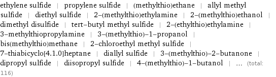 ethylene sulfide | propylene sulfide | (methylthio)ethane | allyl methyl sulfide | diethyl sulfide | 2-(methylthio)ethylamine | 2-(methylthio)ethanol | dimethyl disulfide | tert-butyl methyl sulfide | 2-(ethylthio)ethylamine | 3-methylthiopropylamine | 3-(methylthio)-1-propanol | bis(methylthio)methane | 2-chloroethyl methyl sulfide | 7-thiabicyclo[4.1.0]heptane | diallyl sulfide | 3-(methylthio)-2-butanone | dipropyl sulfide | diisopropyl sulfide | 4-(methylthio)-1-butanol | ... (total: 116)