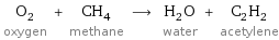 O_2 oxygen + CH_4 methane ⟶ H_2O water + C_2H_2 acetylene