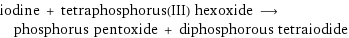 iodine + tetraphosphorus(III) hexoxide ⟶ phosphorus pentoxide + diphosphorous tetraiodide