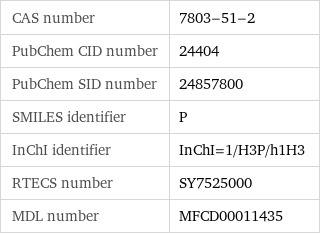 CAS number | 7803-51-2 PubChem CID number | 24404 PubChem SID number | 24857800 SMILES identifier | P InChI identifier | InChI=1/H3P/h1H3 RTECS number | SY7525000 MDL number | MFCD00011435