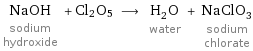 NaOH sodium hydroxide + Cl2O5 ⟶ H_2O water + NaClO_3 sodium chlorate