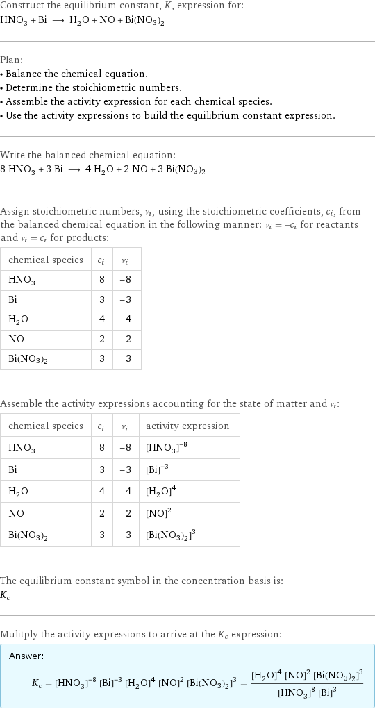 Construct the equilibrium constant, K, expression for: HNO_3 + Bi ⟶ H_2O + NO + Bi(NO3)2 Plan: • Balance the chemical equation. • Determine the stoichiometric numbers. • Assemble the activity expression for each chemical species. • Use the activity expressions to build the equilibrium constant expression. Write the balanced chemical equation: 8 HNO_3 + 3 Bi ⟶ 4 H_2O + 2 NO + 3 Bi(NO3)2 Assign stoichiometric numbers, ν_i, using the stoichiometric coefficients, c_i, from the balanced chemical equation in the following manner: ν_i = -c_i for reactants and ν_i = c_i for products: chemical species | c_i | ν_i HNO_3 | 8 | -8 Bi | 3 | -3 H_2O | 4 | 4 NO | 2 | 2 Bi(NO3)2 | 3 | 3 Assemble the activity expressions accounting for the state of matter and ν_i: chemical species | c_i | ν_i | activity expression HNO_3 | 8 | -8 | ([HNO3])^(-8) Bi | 3 | -3 | ([Bi])^(-3) H_2O | 4 | 4 | ([H2O])^4 NO | 2 | 2 | ([NO])^2 Bi(NO3)2 | 3 | 3 | ([Bi(NO3)2])^3 The equilibrium constant symbol in the concentration basis is: K_c Mulitply the activity expressions to arrive at the K_c expression: Answer: |   | K_c = ([HNO3])^(-8) ([Bi])^(-3) ([H2O])^4 ([NO])^2 ([Bi(NO3)2])^3 = (([H2O])^4 ([NO])^2 ([Bi(NO3)2])^3)/(([HNO3])^8 ([Bi])^3)