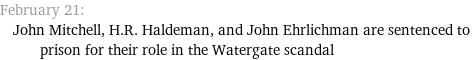 February 21: John Mitchell, H.R. Haldeman, and John Ehrlichman are sentenced to prison for their role in the Watergate scandal