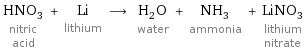 HNO_3 nitric acid + Li lithium ⟶ H_2O water + NH_3 ammonia + LiNO_3 lithium nitrate