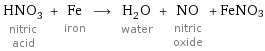 HNO_3 nitric acid + Fe iron ⟶ H_2O water + NO nitric oxide + FeNO3