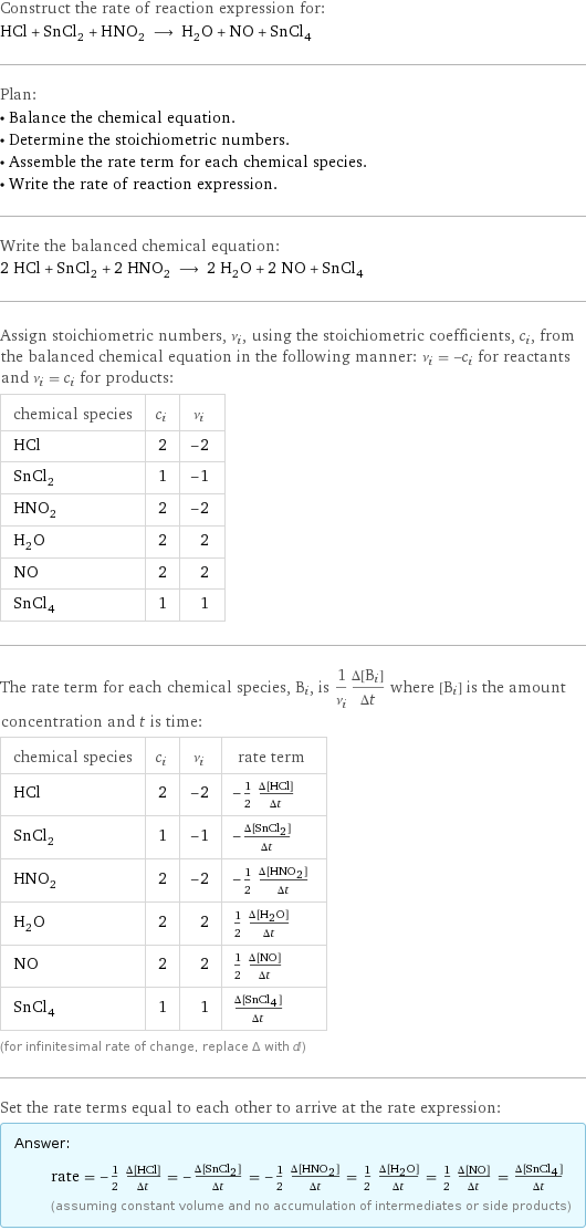 Construct the rate of reaction expression for: HCl + SnCl_2 + HNO_2 ⟶ H_2O + NO + SnCl_4 Plan: • Balance the chemical equation. • Determine the stoichiometric numbers. • Assemble the rate term for each chemical species. • Write the rate of reaction expression. Write the balanced chemical equation: 2 HCl + SnCl_2 + 2 HNO_2 ⟶ 2 H_2O + 2 NO + SnCl_4 Assign stoichiometric numbers, ν_i, using the stoichiometric coefficients, c_i, from the balanced chemical equation in the following manner: ν_i = -c_i for reactants and ν_i = c_i for products: chemical species | c_i | ν_i HCl | 2 | -2 SnCl_2 | 1 | -1 HNO_2 | 2 | -2 H_2O | 2 | 2 NO | 2 | 2 SnCl_4 | 1 | 1 The rate term for each chemical species, B_i, is 1/ν_i(Δ[B_i])/(Δt) where [B_i] is the amount concentration and t is time: chemical species | c_i | ν_i | rate term HCl | 2 | -2 | -1/2 (Δ[HCl])/(Δt) SnCl_2 | 1 | -1 | -(Δ[SnCl2])/(Δt) HNO_2 | 2 | -2 | -1/2 (Δ[HNO2])/(Δt) H_2O | 2 | 2 | 1/2 (Δ[H2O])/(Δt) NO | 2 | 2 | 1/2 (Δ[NO])/(Δt) SnCl_4 | 1 | 1 | (Δ[SnCl4])/(Δt) (for infinitesimal rate of change, replace Δ with d) Set the rate terms equal to each other to arrive at the rate expression: Answer: |   | rate = -1/2 (Δ[HCl])/(Δt) = -(Δ[SnCl2])/(Δt) = -1/2 (Δ[HNO2])/(Δt) = 1/2 (Δ[H2O])/(Δt) = 1/2 (Δ[NO])/(Δt) = (Δ[SnCl4])/(Δt) (assuming constant volume and no accumulation of intermediates or side products)