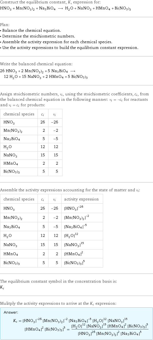 Construct the equilibrium constant, K, expression for: HNO_3 + Mn(NO_3)_2 + Na3BiO4 ⟶ H_2O + NaNO_3 + HMnO4 + Bi(NO3)3 Plan: • Balance the chemical equation. • Determine the stoichiometric numbers. • Assemble the activity expression for each chemical species. • Use the activity expressions to build the equilibrium constant expression. Write the balanced chemical equation: 26 HNO_3 + 2 Mn(NO_3)_2 + 5 Na3BiO4 ⟶ 12 H_2O + 15 NaNO_3 + 2 HMnO4 + 5 Bi(NO3)3 Assign stoichiometric numbers, ν_i, using the stoichiometric coefficients, c_i, from the balanced chemical equation in the following manner: ν_i = -c_i for reactants and ν_i = c_i for products: chemical species | c_i | ν_i HNO_3 | 26 | -26 Mn(NO_3)_2 | 2 | -2 Na3BiO4 | 5 | -5 H_2O | 12 | 12 NaNO_3 | 15 | 15 HMnO4 | 2 | 2 Bi(NO3)3 | 5 | 5 Assemble the activity expressions accounting for the state of matter and ν_i: chemical species | c_i | ν_i | activity expression HNO_3 | 26 | -26 | ([HNO3])^(-26) Mn(NO_3)_2 | 2 | -2 | ([Mn(NO3)2])^(-2) Na3BiO4 | 5 | -5 | ([Na3BiO4])^(-5) H_2O | 12 | 12 | ([H2O])^12 NaNO_3 | 15 | 15 | ([NaNO3])^15 HMnO4 | 2 | 2 | ([HMnO4])^2 Bi(NO3)3 | 5 | 5 | ([Bi(NO3)3])^5 The equilibrium constant symbol in the concentration basis is: K_c Mulitply the activity expressions to arrive at the K_c expression: Answer: |   | K_c = ([HNO3])^(-26) ([Mn(NO3)2])^(-2) ([Na3BiO4])^(-5) ([H2O])^12 ([NaNO3])^15 ([HMnO4])^2 ([Bi(NO3)3])^5 = (([H2O])^12 ([NaNO3])^15 ([HMnO4])^2 ([Bi(NO3)3])^5)/(([HNO3])^26 ([Mn(NO3)2])^2 ([Na3BiO4])^5)