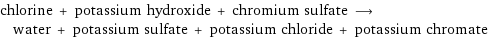 chlorine + potassium hydroxide + chromium sulfate ⟶ water + potassium sulfate + potassium chloride + potassium chromate