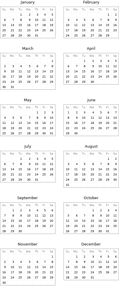 January Su | Mo | Tu | We | Th | Fr | Sa  | | 1 | 2 | 3 | 4 | 5 6 | 7 | 8 | 9 | 10 | 11 | 12 13 | 14 | 15 | 16 | 17 | 18 | 19 20 | 21 | 22 | 23 | 24 | 25 | 26 27 | 28 | 29 | 30 | 31 | | | February Su | Mo | Tu | We | Th | Fr | Sa  | | | | | 1 | 2 3 | 4 | 5 | 6 | 7 | 8 | 9 10 | 11 | 12 | 13 | 14 | 15 | 16 17 | 18 | 19 | 20 | 21 | 22 | 23 24 | 25 | 26 | 27 | 28 | 29 |  March Su | Mo | Tu | We | Th | Fr | Sa  | | | | | | 1 2 | 3 | 4 | 5 | 6 | 7 | 8 9 | 10 | 11 | 12 | 13 | 14 | 15 16 | 17 | 18 | 19 | 20 | 21 | 22 23 | 24 | 25 | 26 | 27 | 28 | 29 30 | 31 | | | | | | April Su | Mo | Tu | We | Th | Fr | Sa  | | 1 | 2 | 3 | 4 | 5 6 | 7 | 8 | 9 | 10 | 11 | 12 13 | 14 | 15 | 16 | 17 | 18 | 19 20 | 21 | 22 | 23 | 24 | 25 | 26 27 | 28 | 29 | 30 | | |  May Su | Mo | Tu | We | Th | Fr | Sa  | | | | 1 | 2 | 3 4 | 5 | 6 | 7 | 8 | 9 | 10 11 | 12 | 13 | 14 | 15 | 16 | 17 18 | 19 | 20 | 21 | 22 | 23 | 24 25 | 26 | 27 | 28 | 29 | 30 | 31 | June Su | Mo | Tu | We | Th | Fr | Sa 1 | 2 | 3 | 4 | 5 | 6 | 7 8 | 9 | 10 | 11 | 12 | 13 | 14 15 | 16 | 17 | 18 | 19 | 20 | 21 22 | 23 | 24 | 25 | 26 | 27 | 28 29 | 30 | | | | |  July Su | Mo | Tu | We | Th | Fr | Sa  | | 1 | 2 | 3 | 4 | 5 6 | 7 | 8 | 9 | 10 | 11 | 12 13 | 14 | 15 | 16 | 17 | 18 | 19 20 | 21 | 22 | 23 | 24 | 25 | 26 27 | 28 | 29 | 30 | 31 | | | August Su | Mo | Tu | We | Th | Fr | Sa  | | | | | 1 | 2 3 | 4 | 5 | 6 | 7 | 8 | 9 10 | 11 | 12 | 13 | 14 | 15 | 16 17 | 18 | 19 | 20 | 21 | 22 | 23 24 | 25 | 26 | 27 | 28 | 29 | 30 31 | | | | | |  September Su | Mo | Tu | We | Th | Fr | Sa  | 1 | 2 | 3 | 4 | 5 | 6 7 | 8 | 9 | 10 | 11 | 12 | 13 14 | 15 | 16 | 17 | 18 | 19 | 20 21 | 22 | 23 | 24 | 25 | 26 | 27 28 | 29 | 30 | | | | | October Su | Mo | Tu | We | Th | Fr | Sa  | | | 1 | 2 | 3 | 4 5 | 6 | 7 | 8 | 9 | 10 | 11 12 | 13 | 14 | 15 | 16 | 17 | 18 19 | 20 | 21 | 22 | 23 | 24 | 25 26 | 27 | 28 | 29 | 30 | 31 |  November Su | Mo | Tu | We | Th | Fr | Sa  | | | | | | 1 2 | 3 | 4 | 5 | 6 | 7 | 8 9 | 10 | 11 | 12 | 13 | 14 | 15 16 | 17 | 18 | 19 | 20 | 21 | 22 23 | 24 | 25 | 26 | 27 | 28 | 29 30 | | | | | | | December Su | Mo | Tu | We | Th | Fr | Sa  | 1 | 2 | 3 | 4 | 5 | 6 7 | 8 | 9 | 10 | 11 | 12 | 13 14 | 15 | 16 | 17 | 18 | 19 | 20 21 | 22 | 23 | 24 | 25 | 26 | 27 28 | 29 | 30 | 31 | | | 