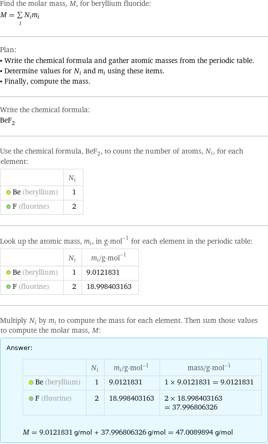 Find the molar mass, M, for beryllium fluoride: M = sum _iN_im_i Plan: • Write the chemical formula and gather atomic masses from the periodic table. • Determine values for N_i and m_i using these items. • Finally, compute the mass. Write the chemical formula: BeF_2 Use the chemical formula, BeF_2, to count the number of atoms, N_i, for each element:  | N_i  Be (beryllium) | 1  F (fluorine) | 2 Look up the atomic mass, m_i, in g·mol^(-1) for each element in the periodic table:  | N_i | m_i/g·mol^(-1)  Be (beryllium) | 1 | 9.0121831  F (fluorine) | 2 | 18.998403163 Multiply N_i by m_i to compute the mass for each element. Then sum those values to compute the molar mass, M: Answer: |   | | N_i | m_i/g·mol^(-1) | mass/g·mol^(-1)  Be (beryllium) | 1 | 9.0121831 | 1 × 9.0121831 = 9.0121831  F (fluorine) | 2 | 18.998403163 | 2 × 18.998403163 = 37.996806326  M = 9.0121831 g/mol + 37.996806326 g/mol = 47.0089894 g/mol